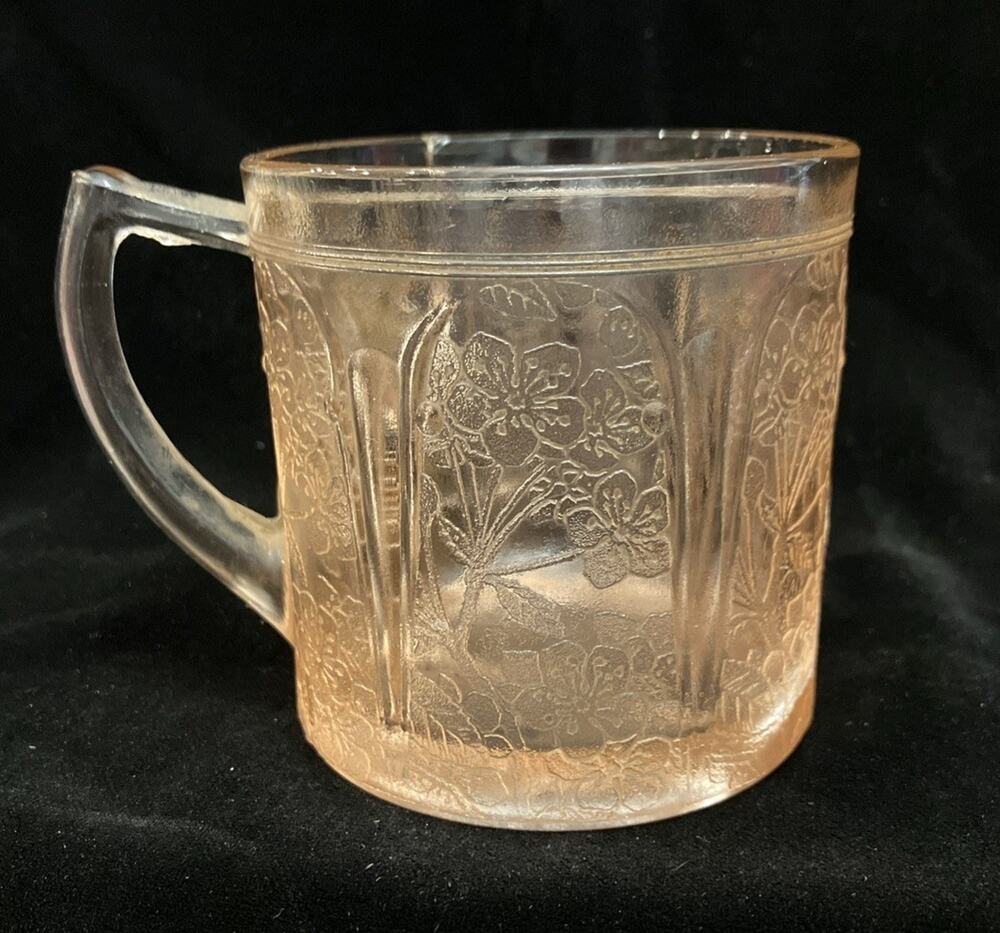 Cherry Blossom Pink Tea Cup Mug Jeanette Depression Glass RARE VTG Item see flaw